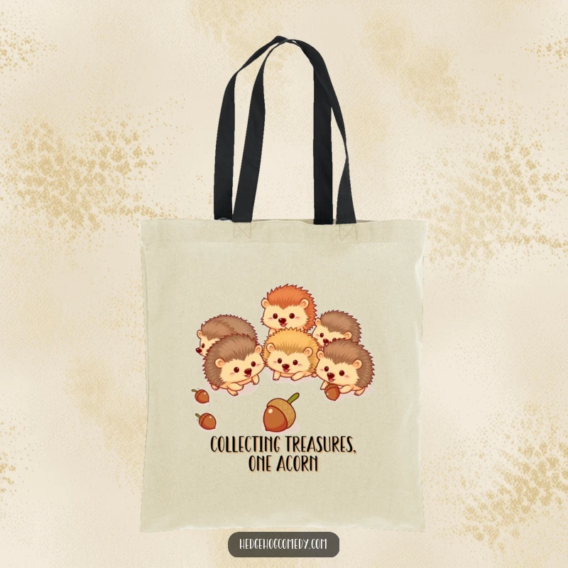 Funny hedgehogs dashing after rolling acorns in a busy forest, a humorous and practical tote bag.