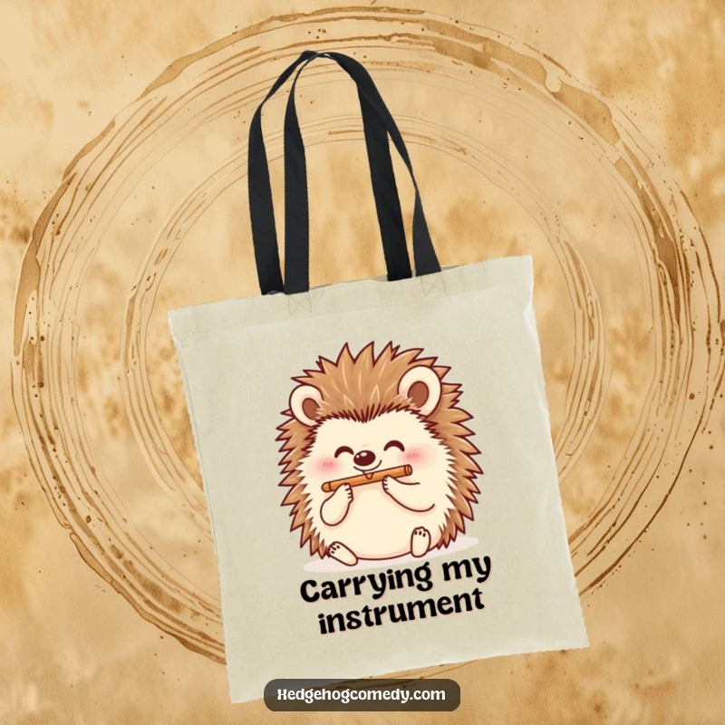 Funny hedgehog with a flute, cheerful and musical, on a tote bag, representing a funny gift.