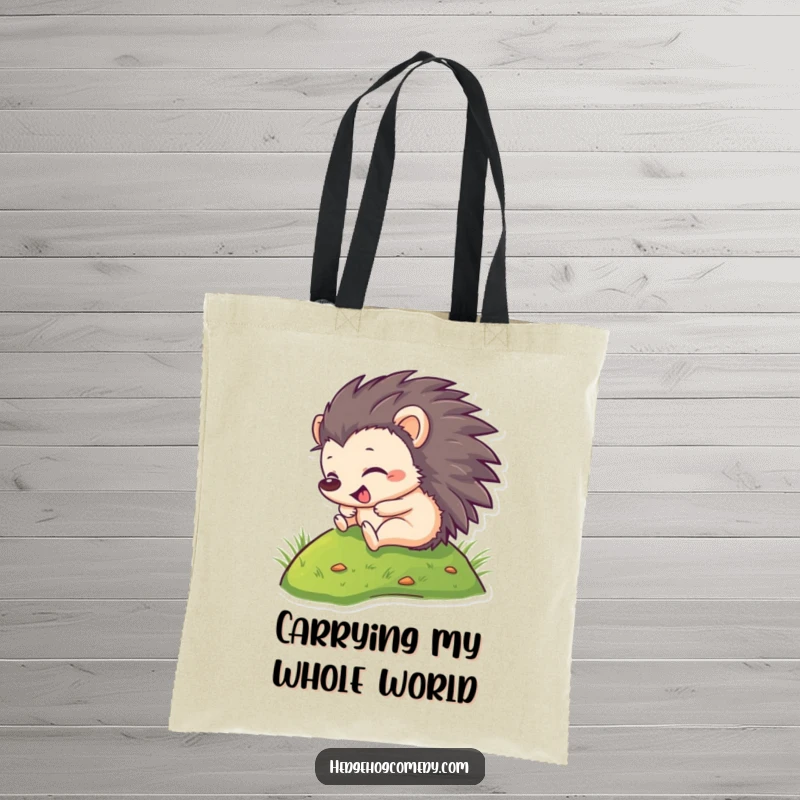 Funny Tote Bag: A happy hedgehog gleefully rolls downhill, perfect for carrying smiles and essentials. A unique gift.