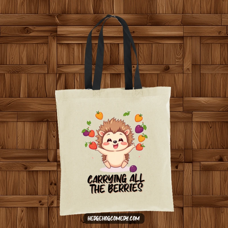 Funny Hedgehog Tote Bag depicting a small hedgehog character excitedly juggling various colorful berries, designed for amusement.