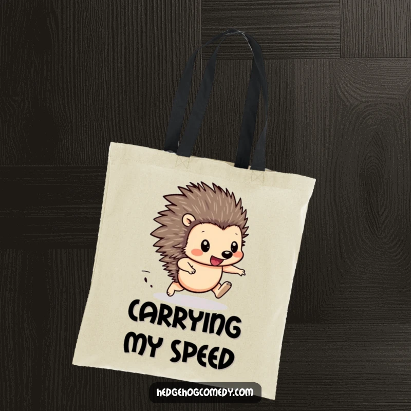 Funny Hedgehog Racing Tote Bag: Cute hedgehog with blurred legs, racing forward with determination, perfect for carrying your busy life.