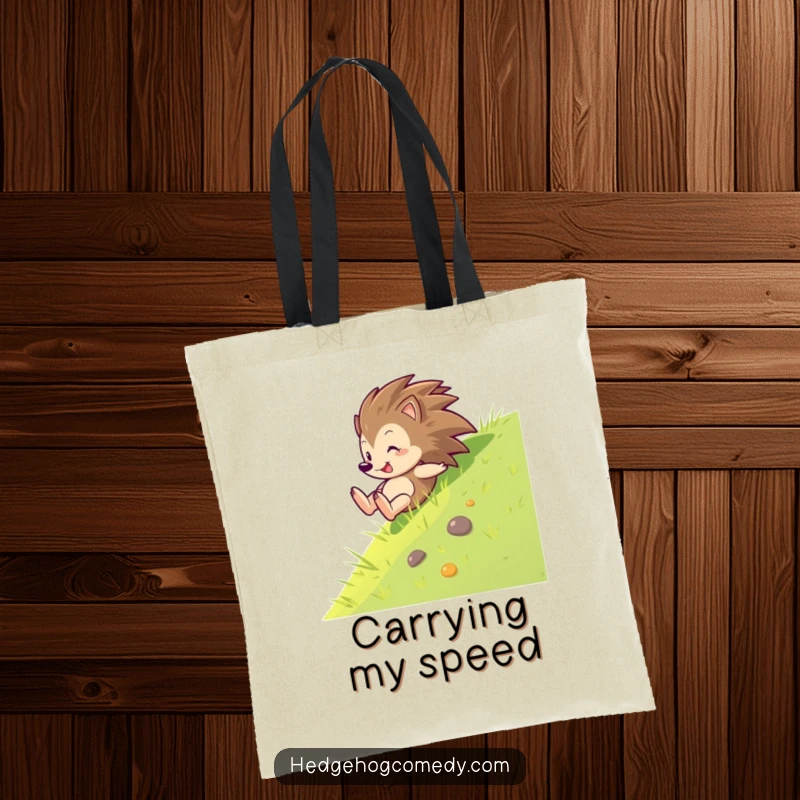 Funny tote bag featuring a hedgehog gleefully sliding down a grass slope, embodying fun and spontaneous adventure.