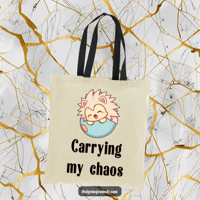 Funny tote bag featuring a joyful hedgehog character rolling into a ball, ideal for carrying essentials with a humorous and cute touch.