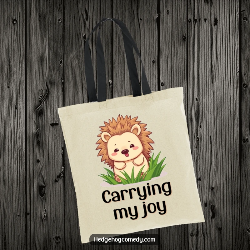 Funny hedgehog waddling through green grass on a reusable tote bag, perfect for carrying happiness.