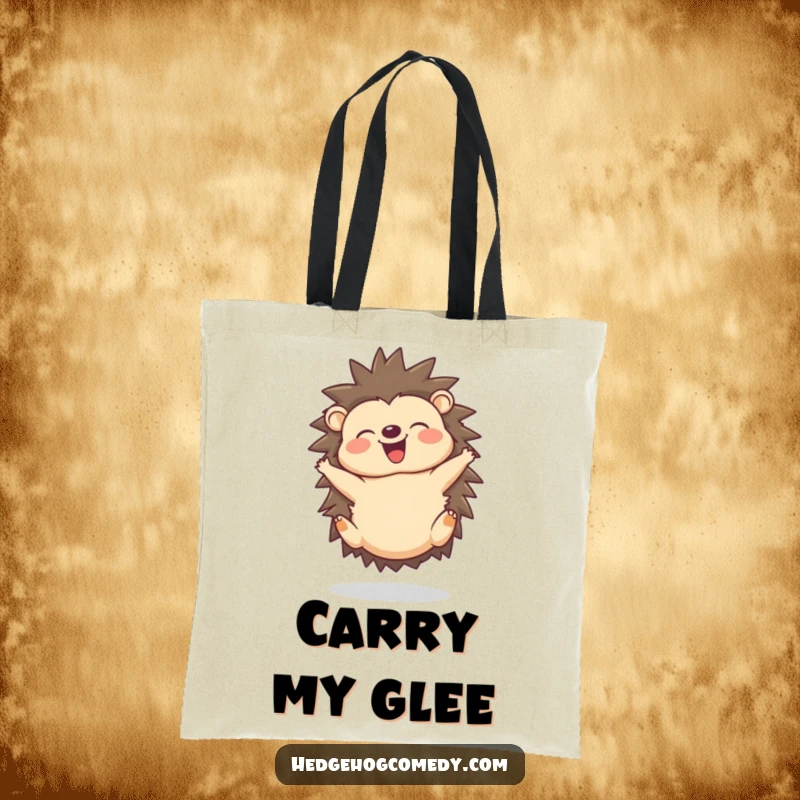 Funny tote bag with a joyful hedgehog doing a delighted somersault, looking happy.