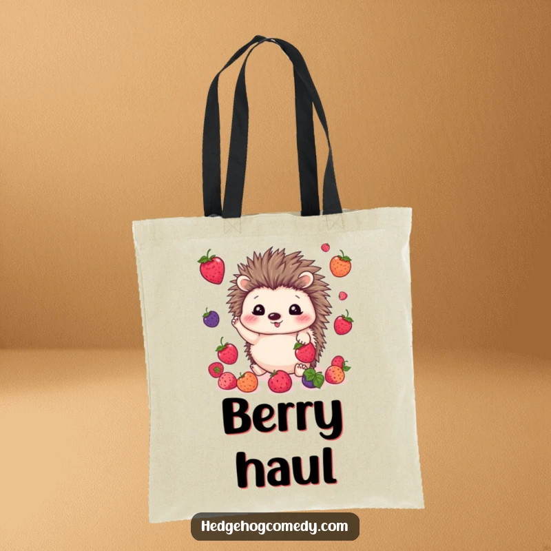 Funny kawaii hedgehog tote bag featuring a cute hedgehog happily juggling colorful berries, perfect for shopping and daily errands.