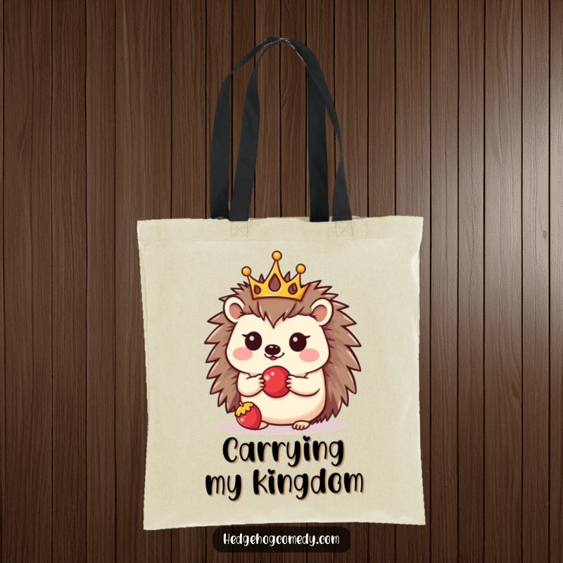 Funny tote bag featuring a kawaii hedgehog wearing a crown and balancing a berry, showcasing humor and undeniable cuteness.