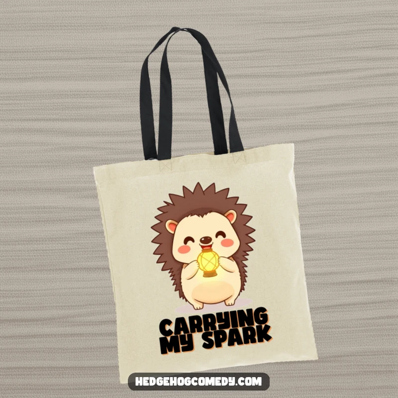 Funny Kawaii Hedgehog Tote Bag: A delighted hedgehog showcases a tiny, glowing lantern, perfect for carrying essentials with joy.