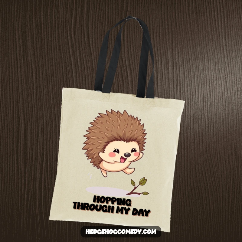 Funny Kawaii Hedgehog Tote Bag: An excited hedgehog leaps over a twig on this fun and practical tote bag.