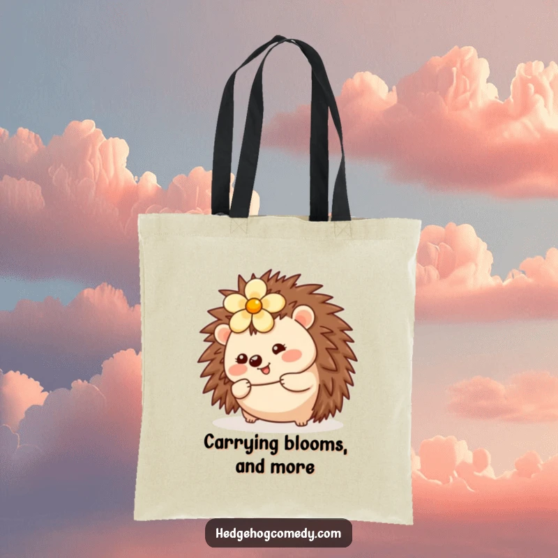 Funny Kawaii Hedgehog Tote Bag: A cheerful hedgehog with a flower rolls across this cute and practical tote.