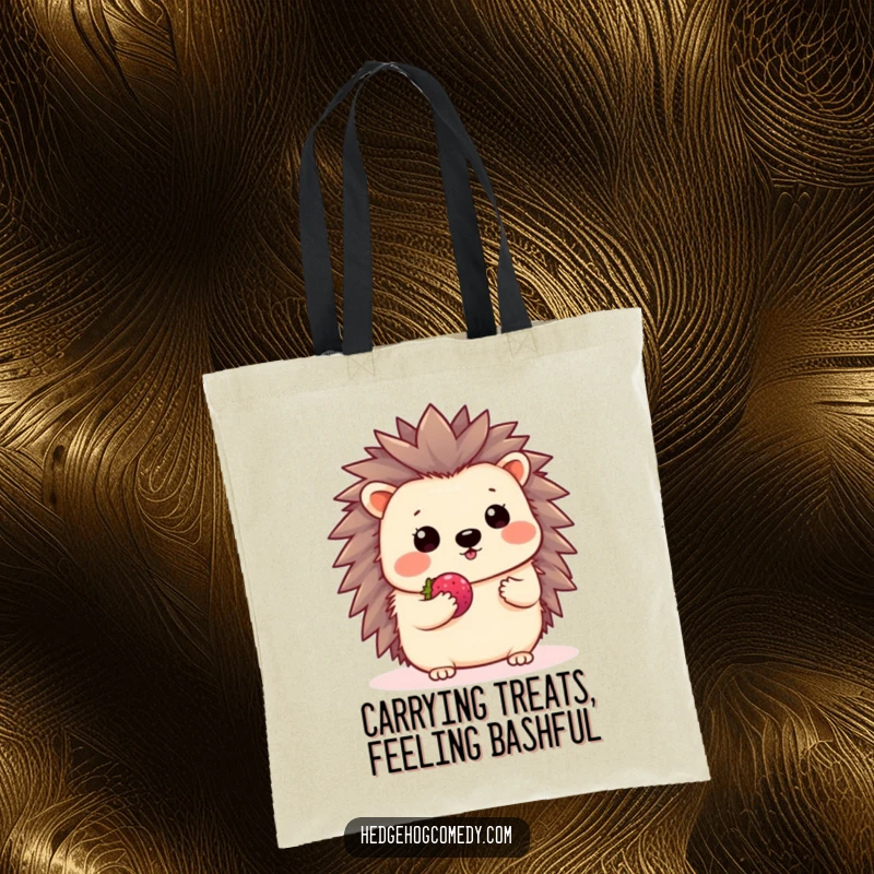 Funny Kawaii Hedgehog Tote Bag: A shy hedgehog waves and offers a berry on this cute and practical tote bag.