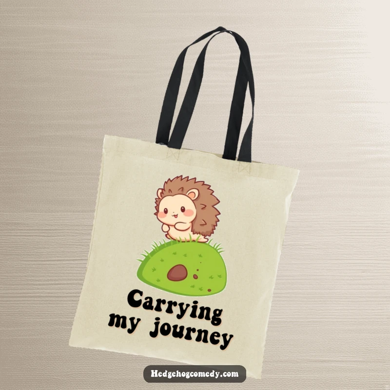 Funny Kawaii Hedgehog Tote Bag with a cute hedgehog character gleefully rolling down a green hill, perfect for carrying items.