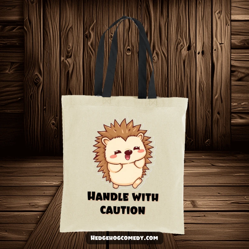 Funny Kawaii Hedgehog Tote Bag: Energetic spine unfurl and playful wiggle, showing off happy hedgehog spirit. Perfect funny gift.