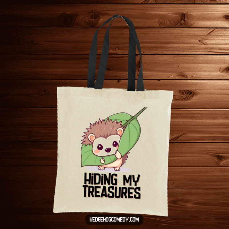 Funny mischievous hedgehog peeking from behind a leaf on a tote bag, symbolizing playful secrets, great funny gift.