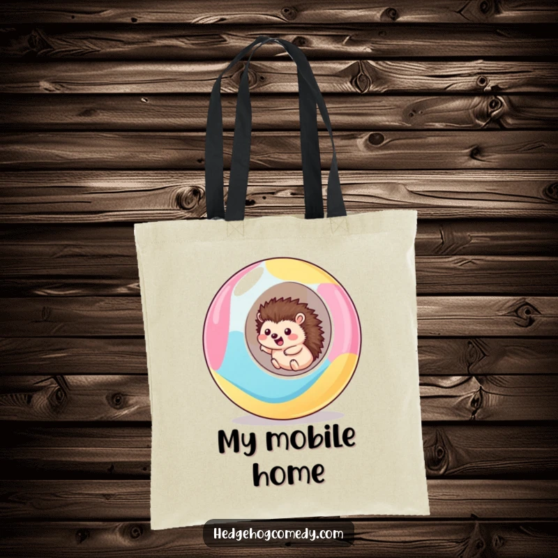 Funny kawaii hedgehog tote bag featuring a cute hedgehog excitedly rolling downhill inside a giant, colorful ball, perfect for daily use.