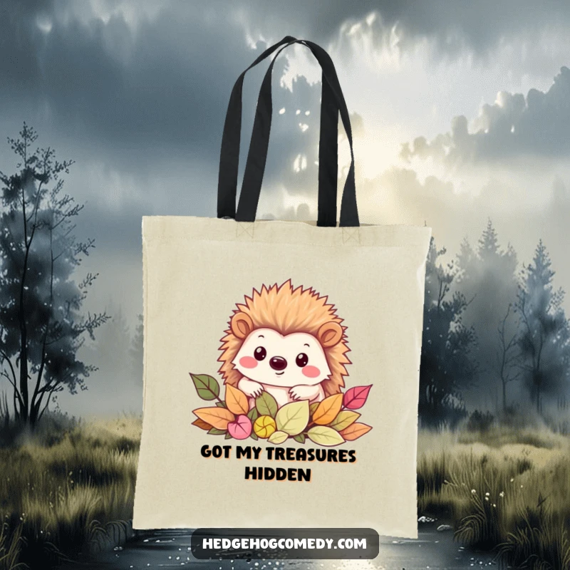 Funny Tote Bag depicting a smiling Kawaii hedgehog peeking curiously from a bounty of colorful autumn leaves.
