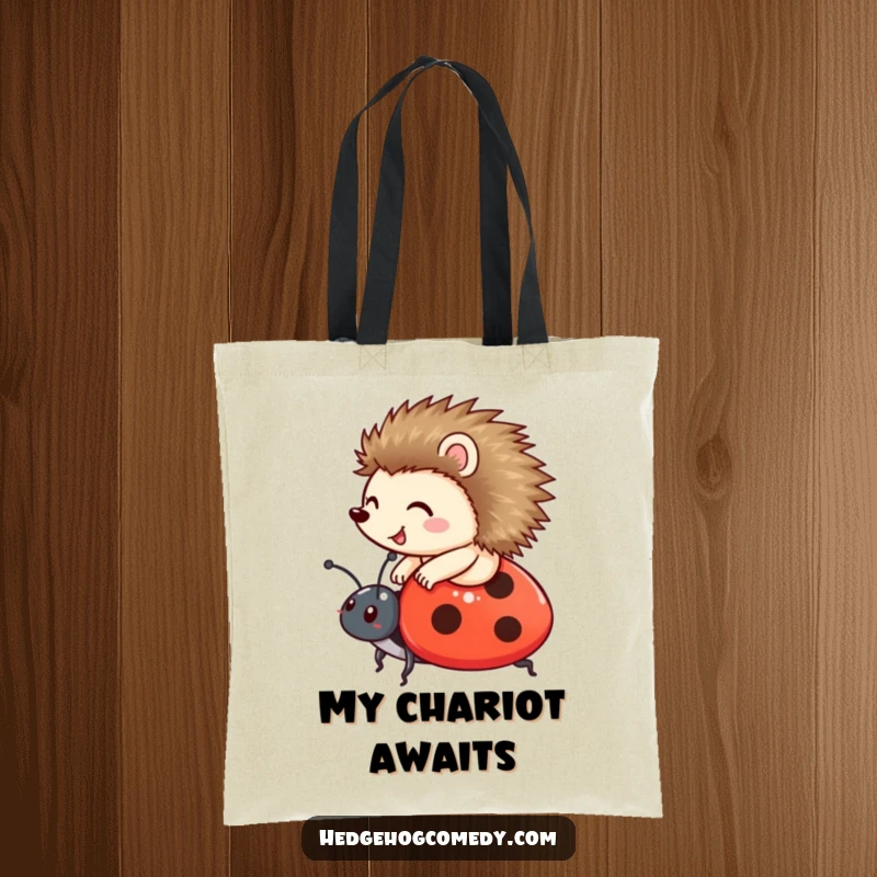 Funny happy hedgehog riding a friendly ladybug on a tote bag, symbolizing travel and friendship, great funny gift.