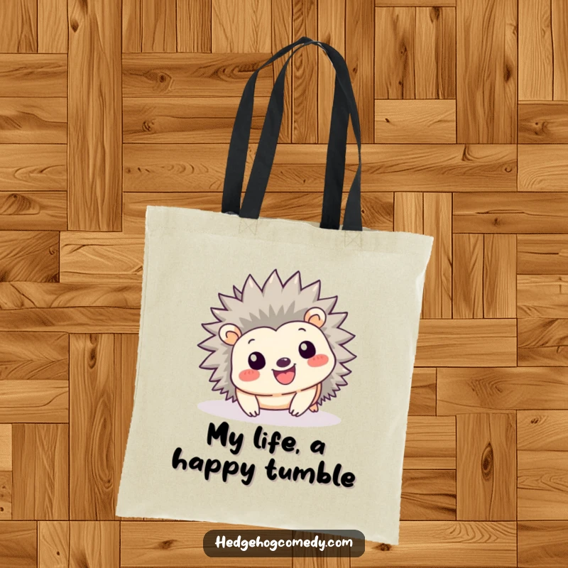Funny Kawaii Hedgehog Tote Bag: A smiling hedgehog playfully tumbles forward on this sturdy and cute tote bag.