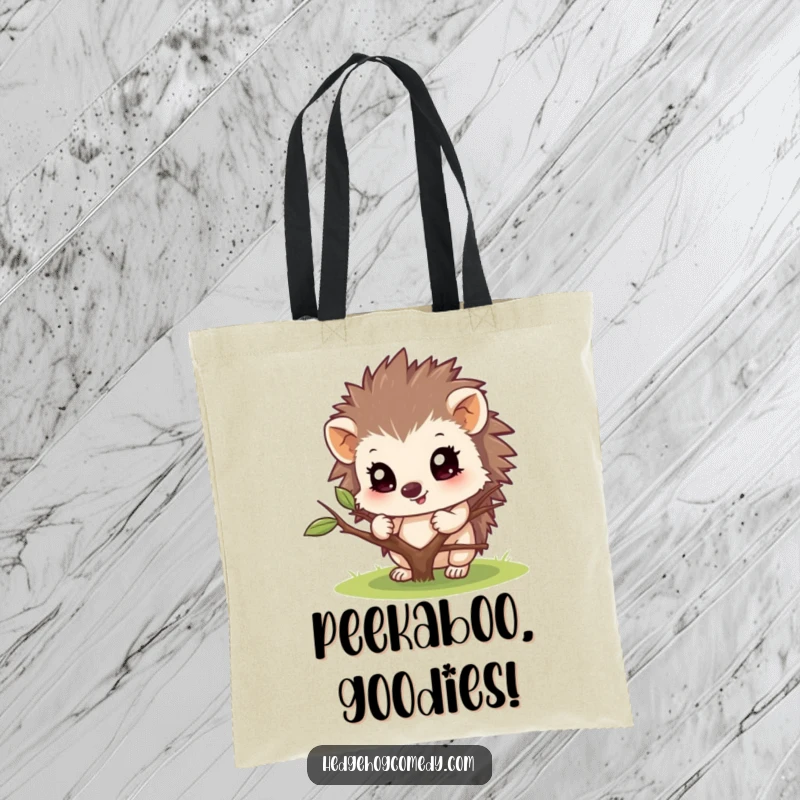 Funny tote bag showing a hedgehog peeking playfully from behind a twig. Great for shopping or carrying essentials with a smile.