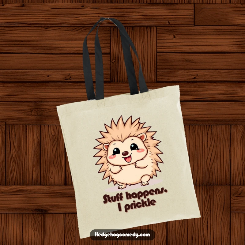 Funny Tote Bag depicting a happy Kawaii hedgehog wiggling and playfully unfurling its soft, cute spines.
