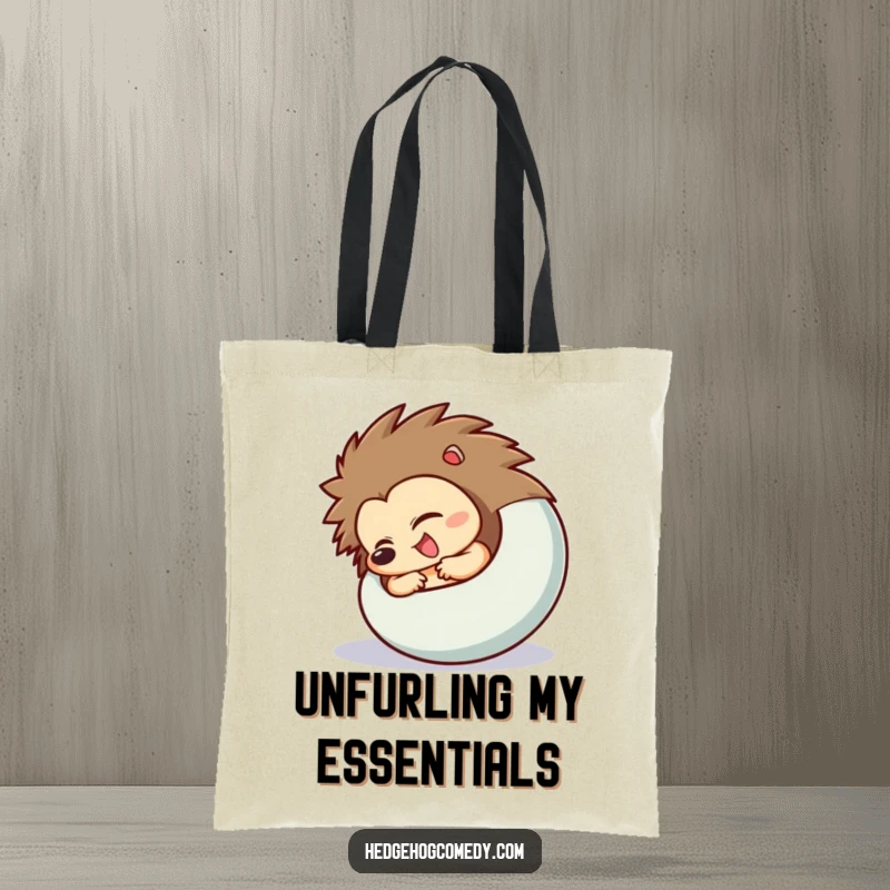 Funny Hedgehog Tote Bag featuring a character excitedly uncurling from a ball, a stylish and humorous accessory.